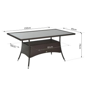 Brauner Outsunny Gartentisch aus Polyrattan mit Glasplatte, 150x85x74cm.