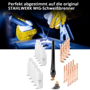 STAHLWERK WIG-Verschleißteile-Set, 26-teilig: weiße Keramikdüsen, kupferfarbene Spannhülsen, Gehäuse, schwarze Brennerkappen. Zubehör für Schweißgeräte.