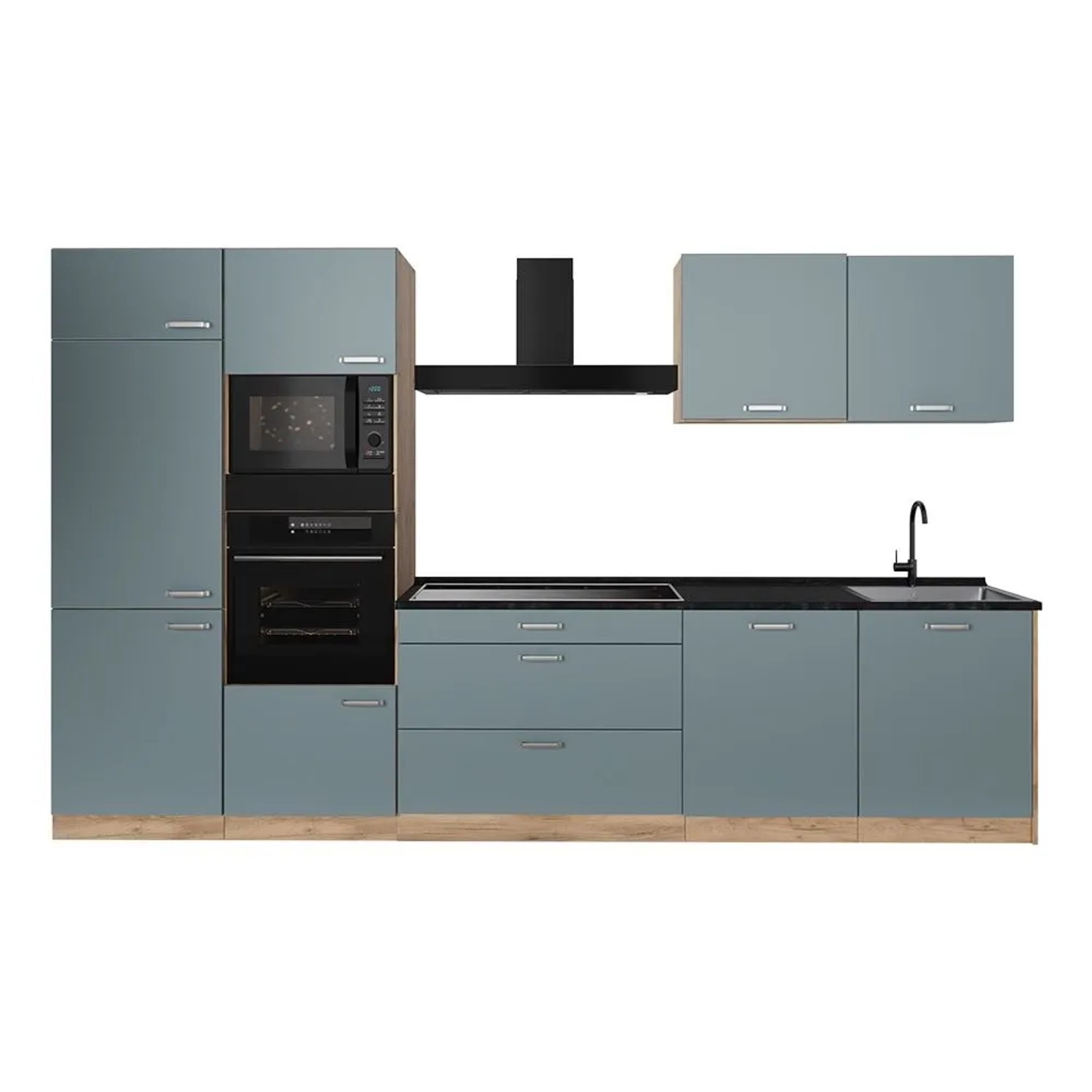 Vicco Küchenzeile R-Line Blau-Grau/Goldkraft Eiche 340 x 207 ohne Arbeitsplatte Art Nr 67348