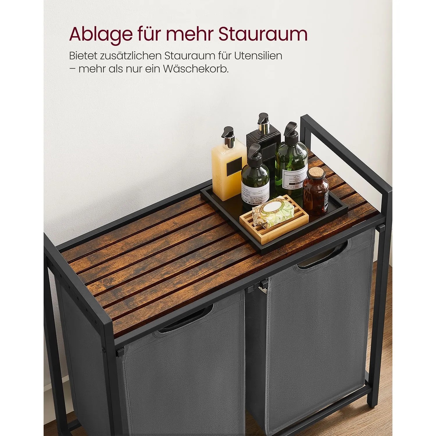Vasagle Wäschekorb braun-grau mit 2 Fächern und Ablage für Waschmittel.