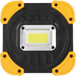 Schwarze COB-LED Arbeitsleuchte mit gelben Eckverstärkungen, 600 Lumen Leuchtkraft.