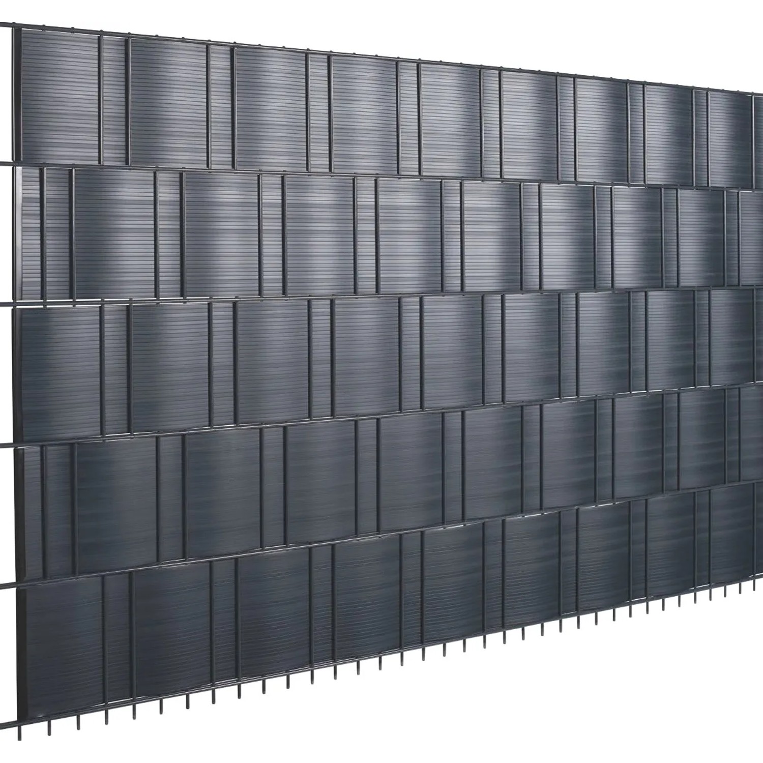 Anthrazitfarbene PVC-Sichtschutzstreifen (5 Stk.) für Zaunbau & Sichtschutz, wetterfest und UV-stabil.