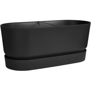 Schwarzer Elho Greenville Blumenkasten 80 mit Rollen, aus recyceltem Kunststoff.