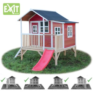 Rotes EXIT Loft 350 Holzspielhaus mit Rutsche und Anbau für Kinder zum Spielen im Garten.