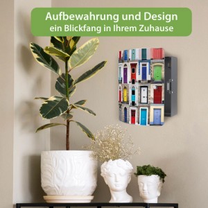 Banjado Design Schlüsselkasten aus schwarzem Edelstahl mit bunten Türen-Motiv, Magnetverschluss, für 10 Schlüssel, an Wand im Wohnraum.