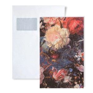 Musterstück einer floralen Dekortapete mit Briefumschlag, DIN A4 Format.