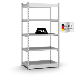 Lichtgraues PROREGAL Fachbodenregal mit 5 Ebenen, Stecksystem und Vierkantprofil. Grundregal 200x102,5x60 cm.