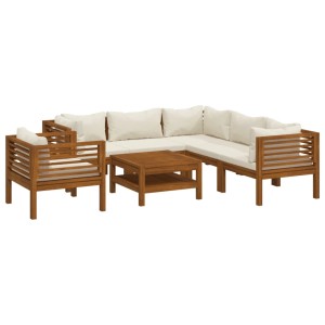 7-tlg. Garten Lounge Set aus Akazienholz mit creme Kissen. Gartenmöbel für Terrasse und Garten.