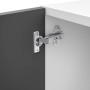 Hettich Mini-Scharnier, vorliegend, 15-25 mm, an einer grauen und einer weißen Möbeltür.