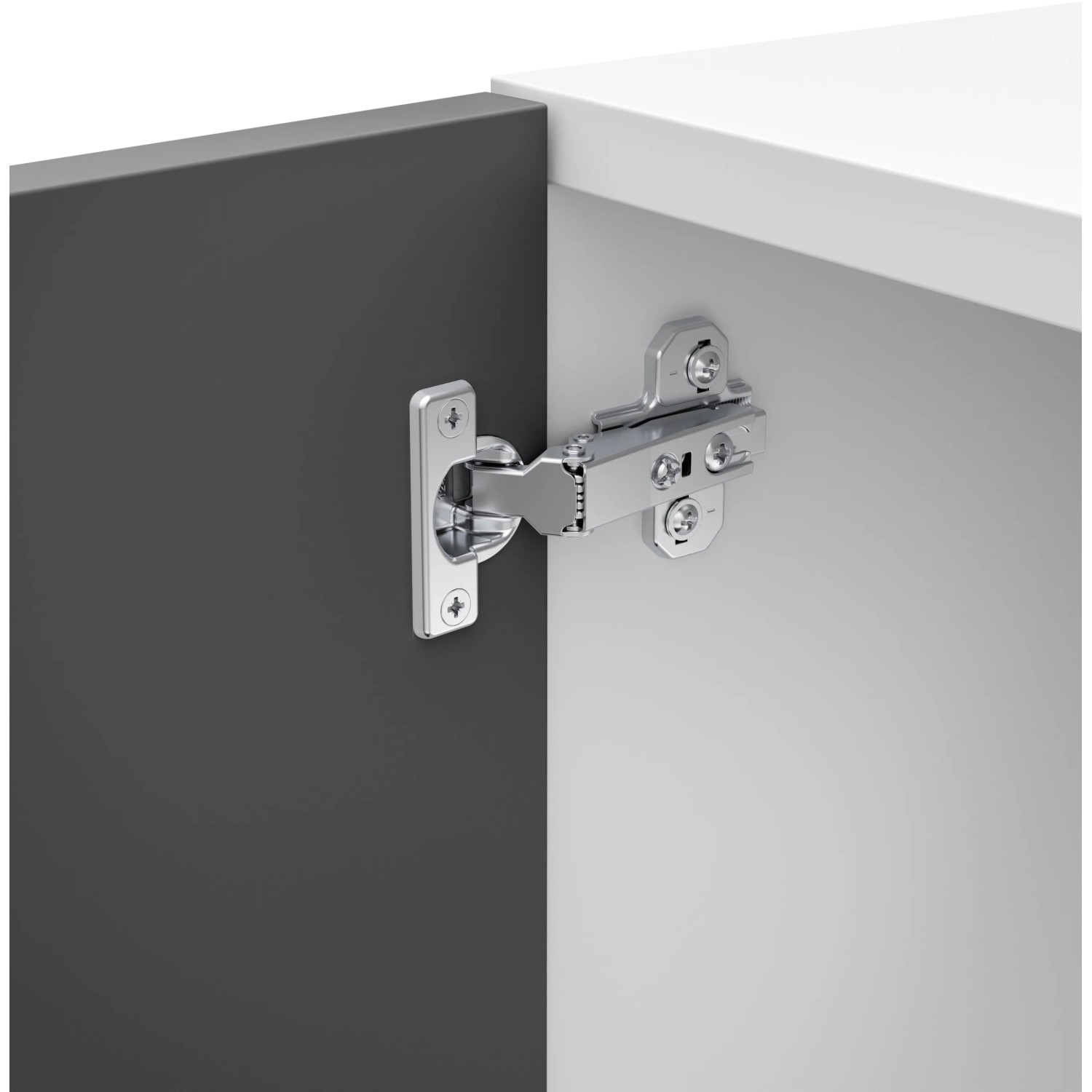 Hettich Mini-Scharnier, vorliegend, 15-25 mm, an einer grauen und einer weißen Möbeltür.