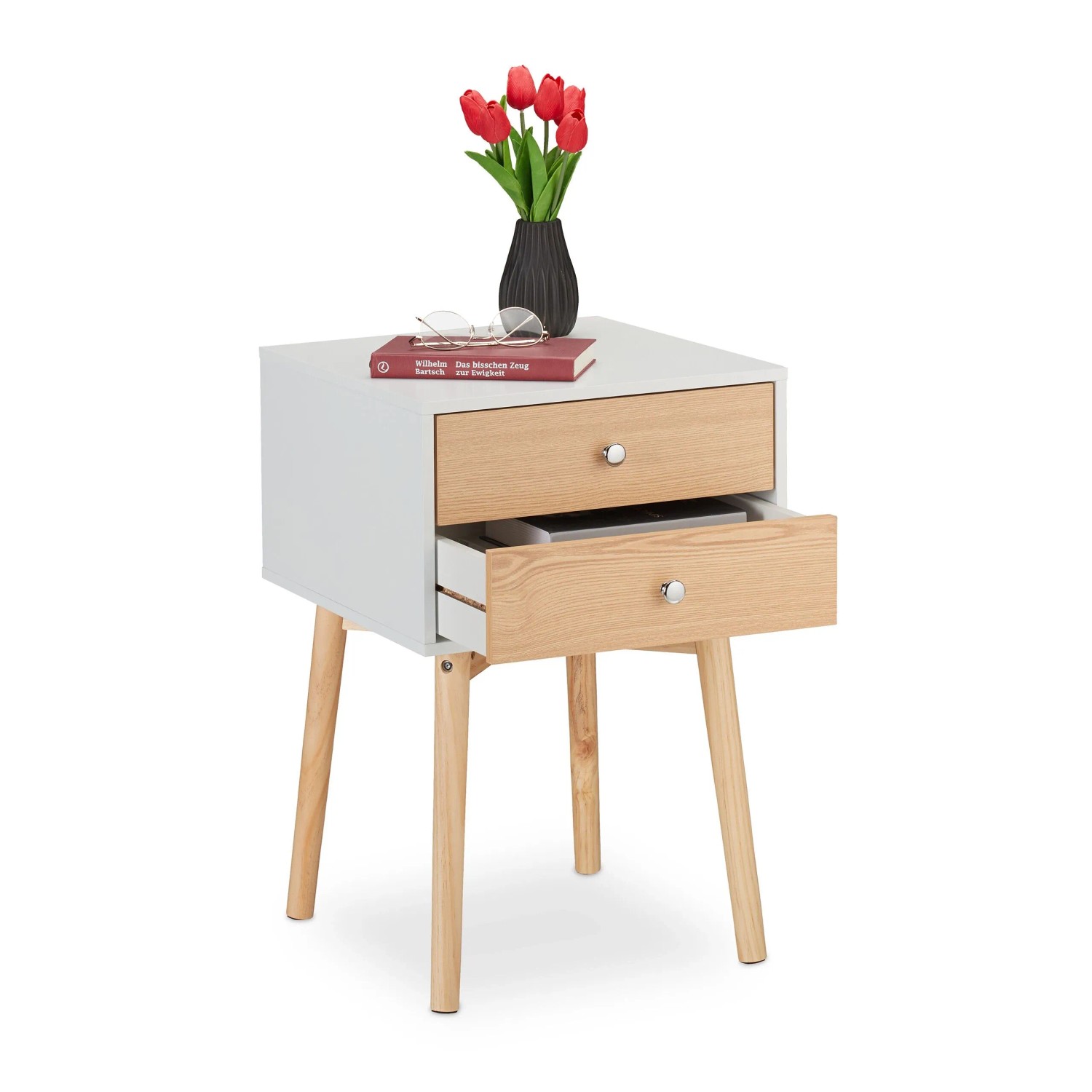 Relaxdays Nachttisch MDF Kiefernholz Weiß Natur 2 Schubladen 60 cm x 40 cm x 40 cm 8,6 kg