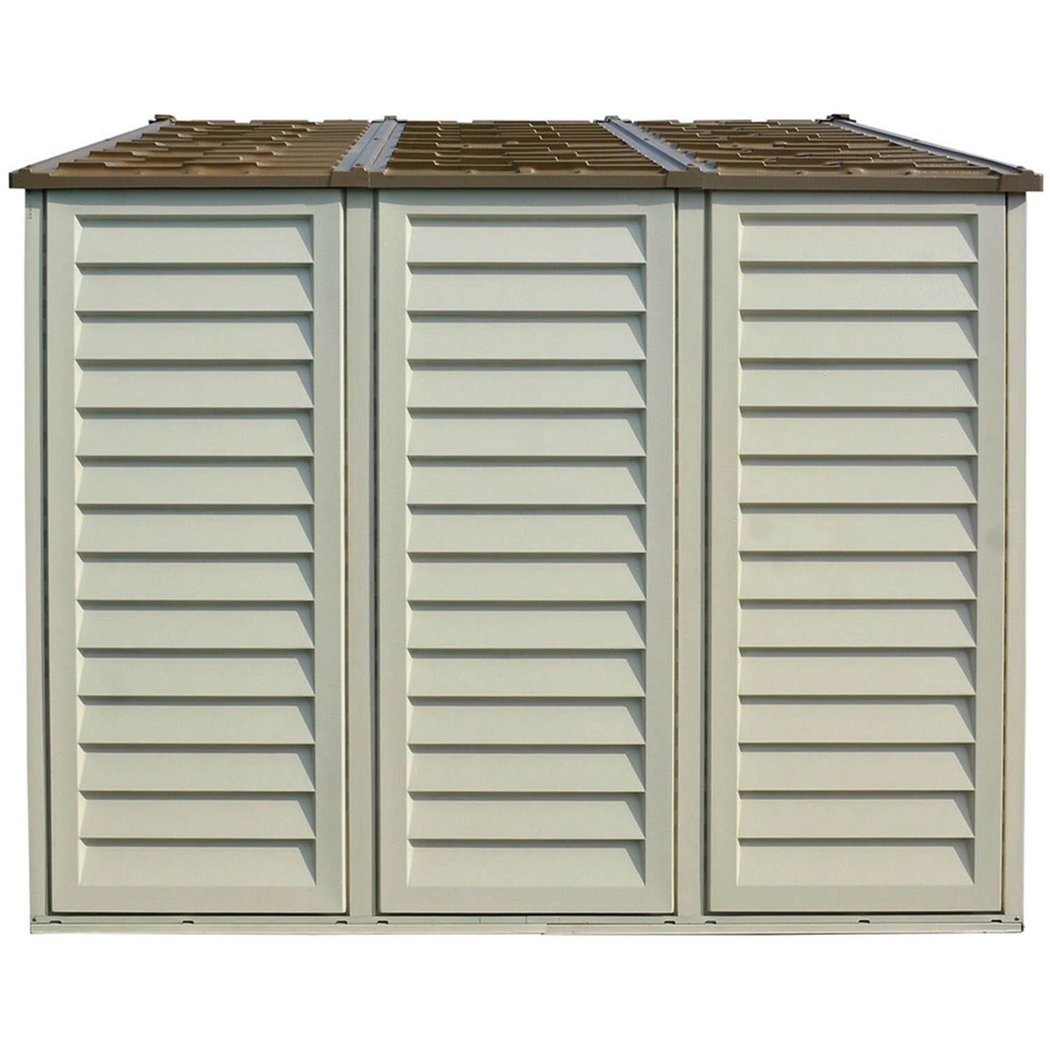 Duramax Kunststoff-Gartenhaus WoodBridge Plus 7,6 m² in Beige mit Lamellenstruktur.