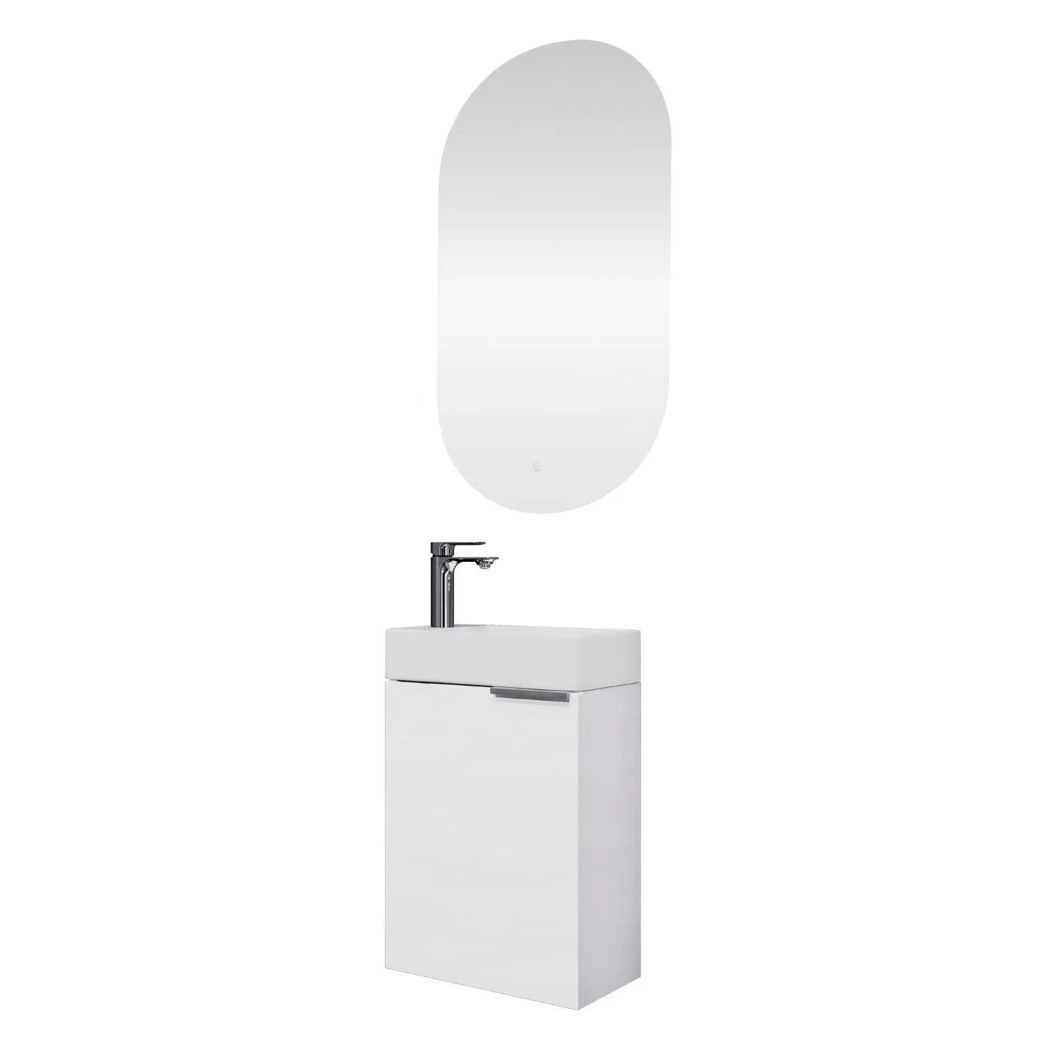 Planetmöbel Badmöbel Set 40 cm Weiß mit Keramikwaschbecken LED Spiegel Soft Close