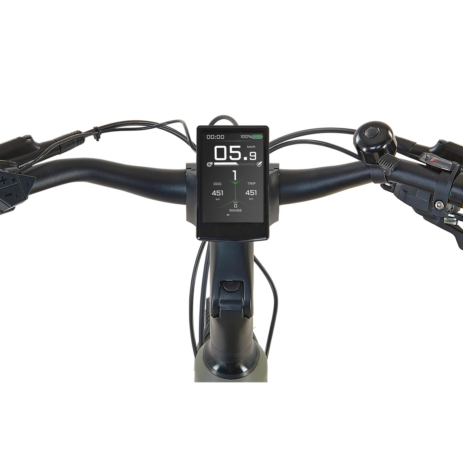 Nahaufnahme des Lenkers vom Prophete Trekking E-Bike Entdecker 4.0 mit TFT-Display.