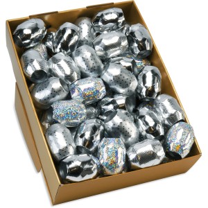 Silberne Ringelband-Eiknäuel (20 m) für Weihnachten, sortiert in goldener Box.