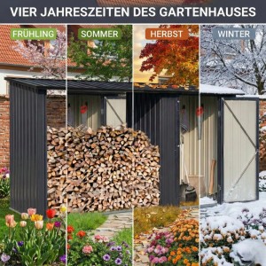 Albatros Gerätehaus M mit Holzunterstand in Anthrazit, dargestellt im Wandel der vier Jahreszeiten.