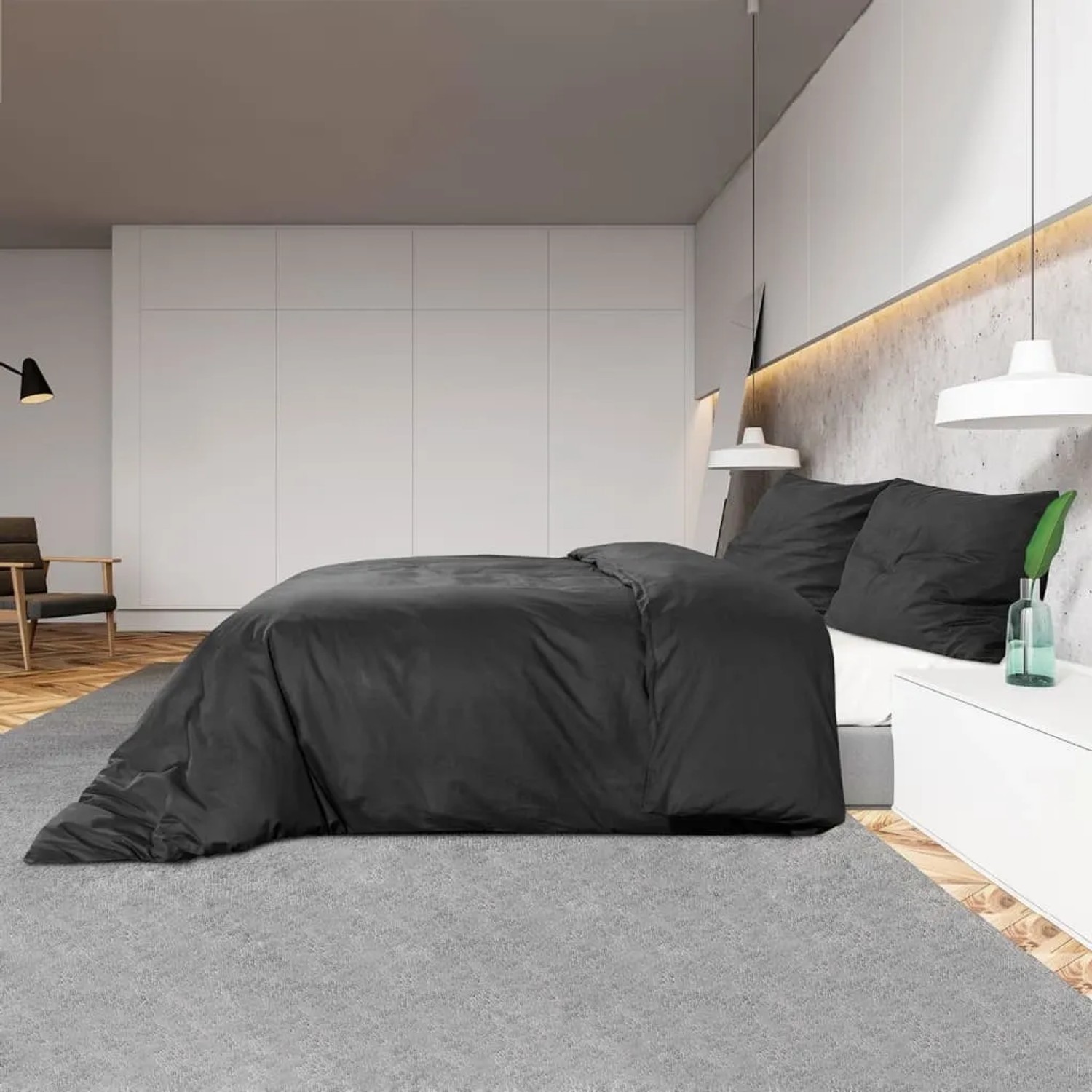 Schwarzes vidaXL Bettwäsche-Set (200x200 cm) aus Baumwolle auf einem Bett in einem Schlafzimmer.