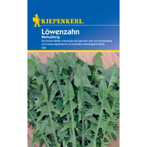 Kiepenkerl Löwenzahn Samenpackung mit grünen Löwenzahnblättern.
