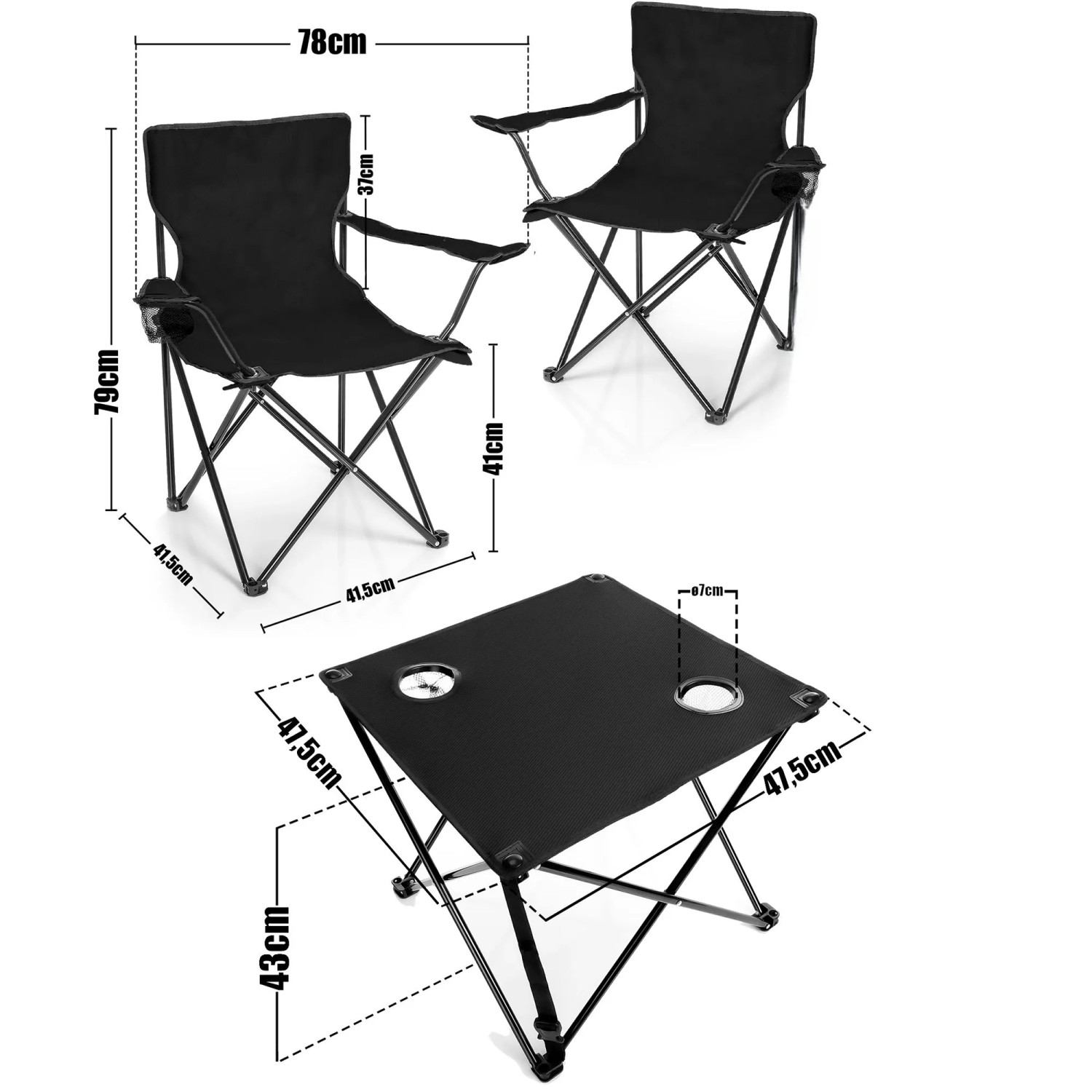 BigDean Camping Set: 2 schwarze Faltstühle und Campingtisch mit Getränkehaltern.