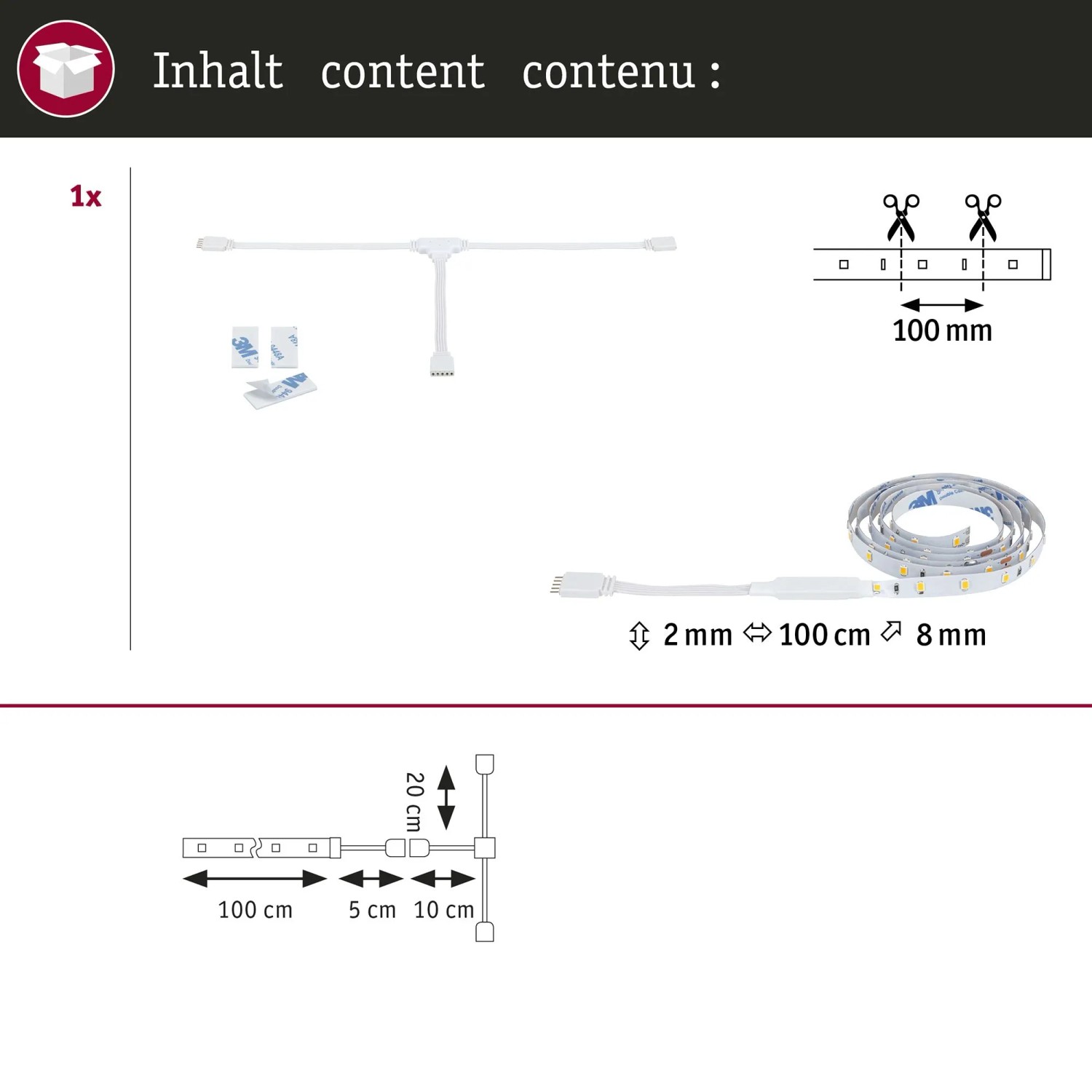 Paulmann MaxLED Stair LED-Strip-Erweiterung 1m. Set mit 100 cm LED-Streifen, T-Verteiler und Montagezubehör.