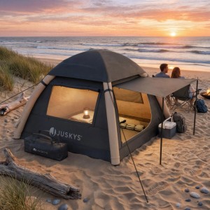 Aufblasbares Juskys Zelt EasyFlow M, dunkelgrau/khaki, am Strand mit Paar und Sonnenuntergang.