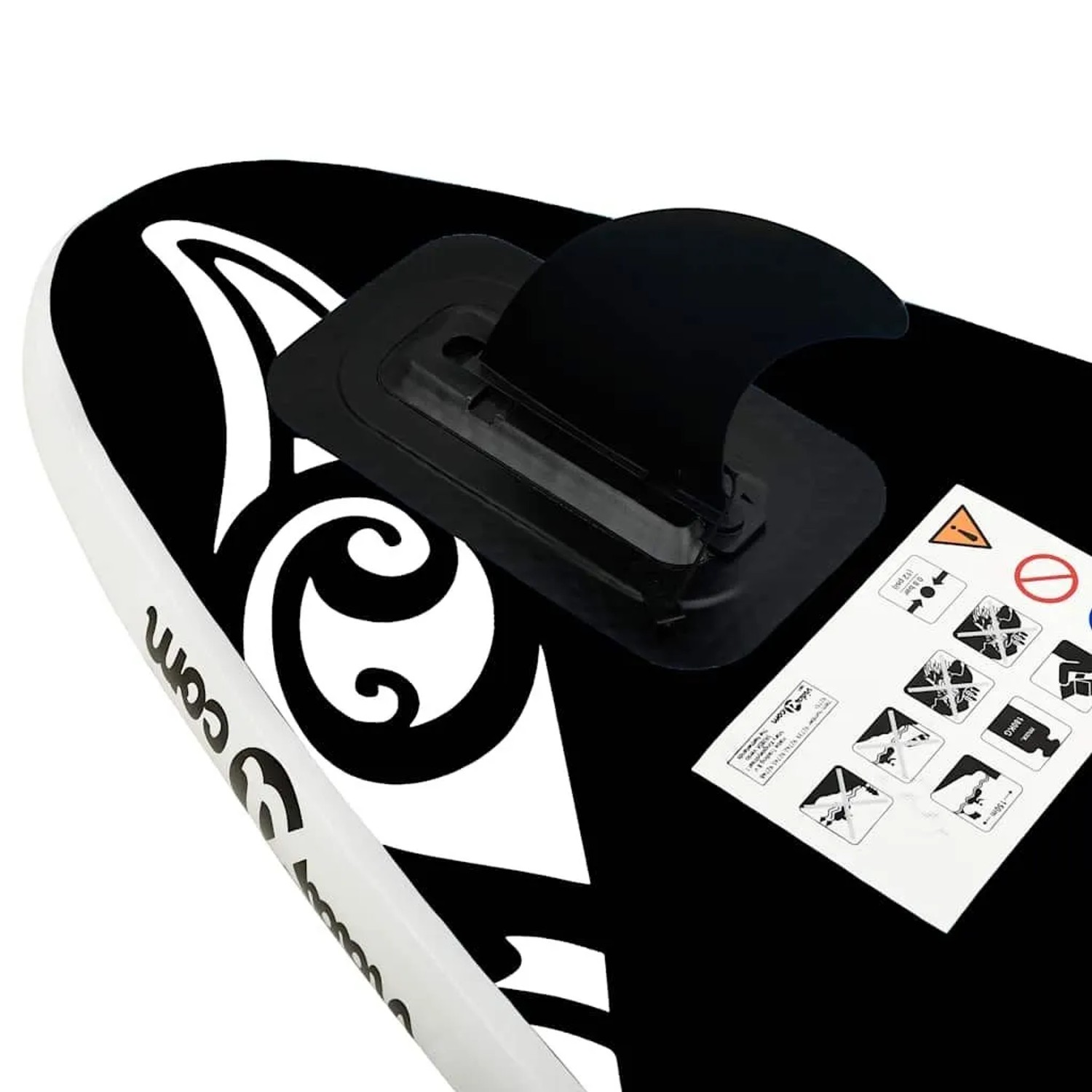 Detailaufnahme: Schwarzes vidaXL SUP-Board mit Finne und Hinweisen.
