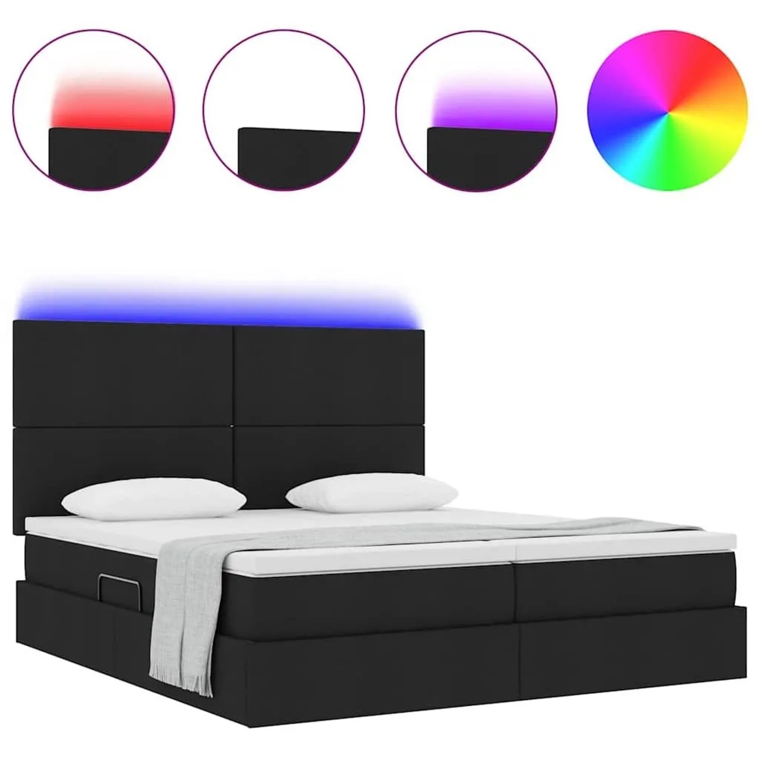Schwarzes vidaXL Bett mit LED-Leisten, Stoffbezug, 200x200 cm. Modernes Design mit Stauraum.