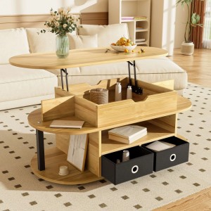 Couchtisch mit Hebefunktion, Stauraum und Stoffschubladen, Holzoptik.