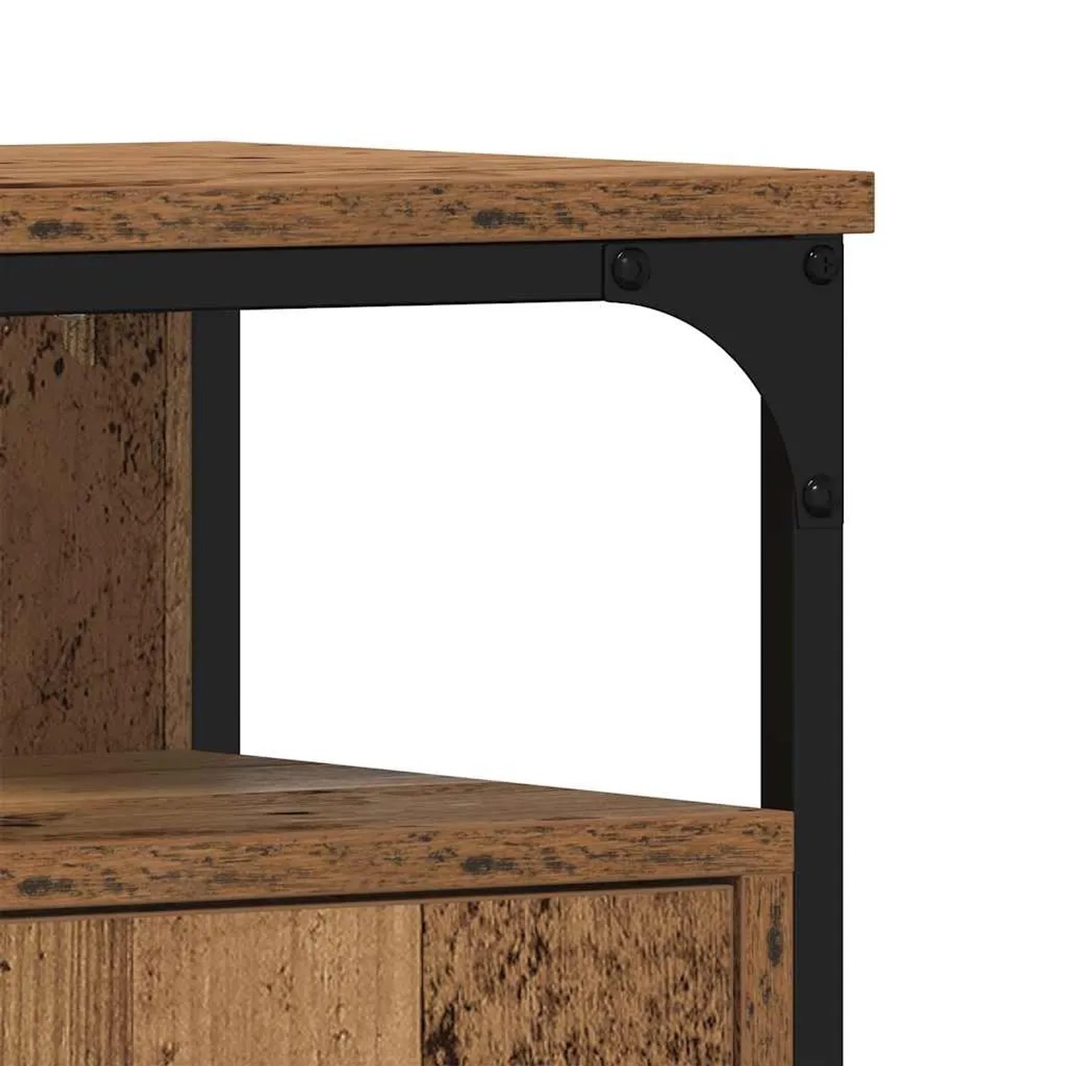 Waschbeckenunterschrank Altholz-Optik: Detail von Holzwerkstoff und schwarzem Stahlrahmen mit Nieten.