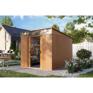 Pergart Gerätehaus Lübeck 88 in Holzoptik mit Schiebetür und Lichtband im Garten.