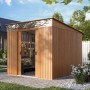 Pergart Gerätehaus Lübeck 88 in Holzoptik mit Schiebetür und Lichtband im Garten.