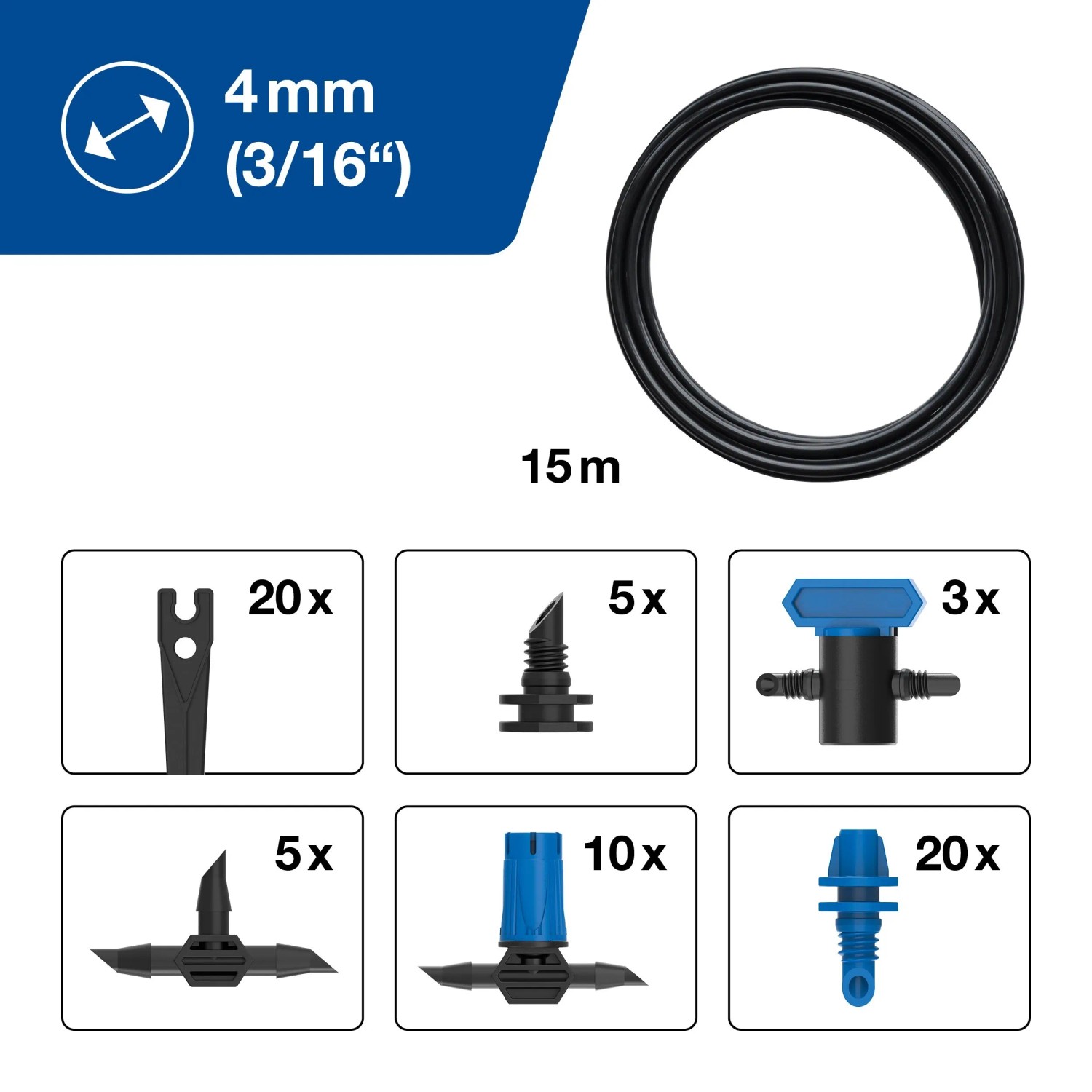 LUX-TOOLS Tropf-Bewässerungs-Set: 15m 4mm Schlauch, 20 Tropfer, 10 Reihentropfer, Ventile, Erdspieße für Micro-Drip-Systeme.