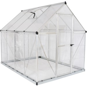 Palram Canopia Hybrid Gewächshaus 2.5 x 1.9 m, silberner Rahmen, klare Wände.