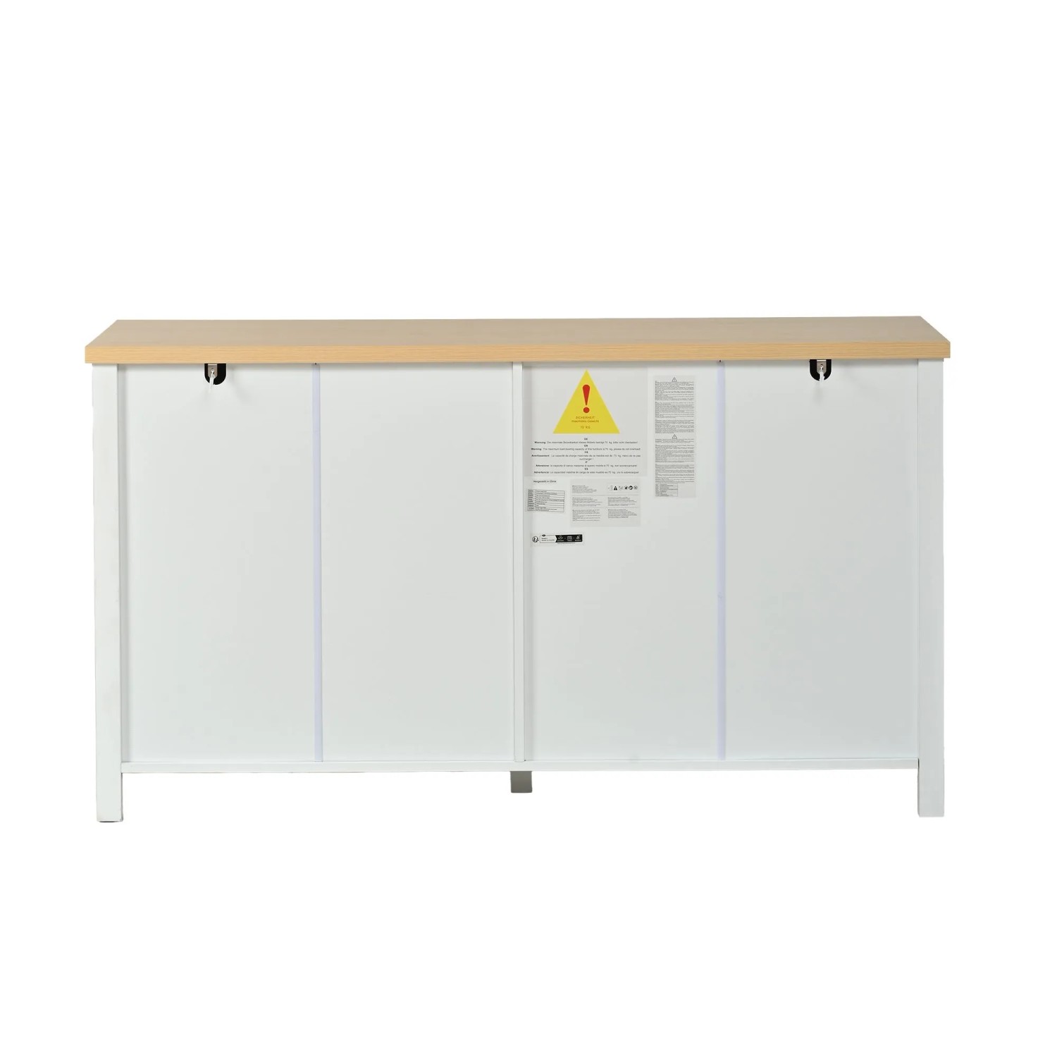 Rückseite des weißen Merax Sideboards 140x40x78 cm mit heller Holzplatte und Warnhinweisen.