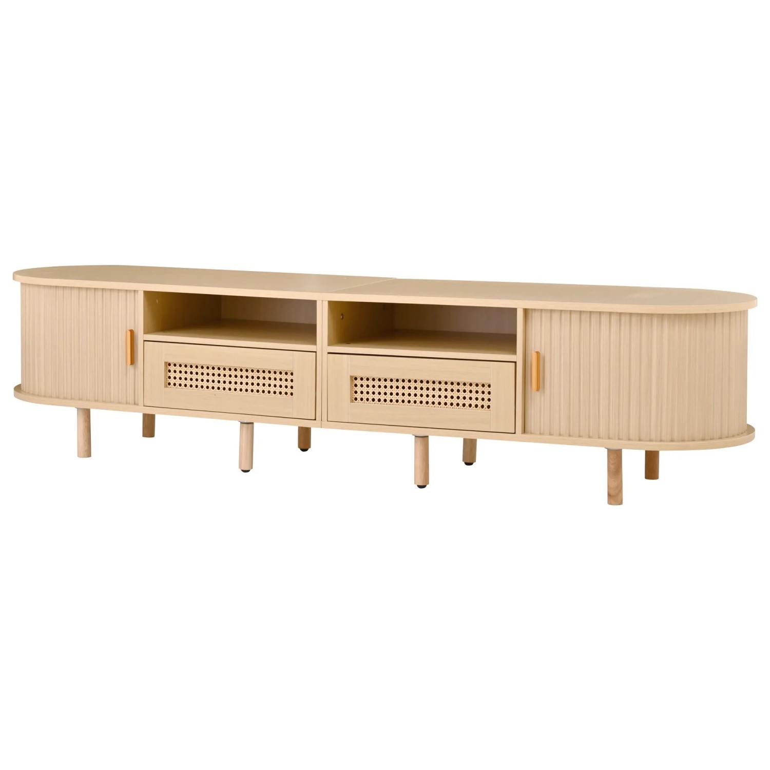 ModernLuxe TV Lowboard Oval mit 2 Rattan Schubladen 2 Schiebetüren MDF Metall Natur