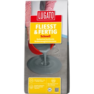 Verpackung der flexiblen Bodenausgleichsmasse Fliesst & Fertig Schnell von Lugato, selbstverlaufend.
