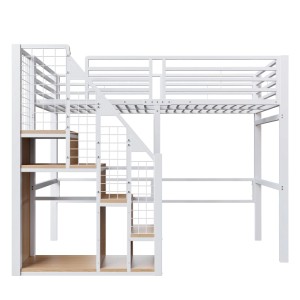 Weißes Metall Hochbett 90x200cm mit Treppe und Ablagen. Platzsparendes Einzelbett mit Stauraum.