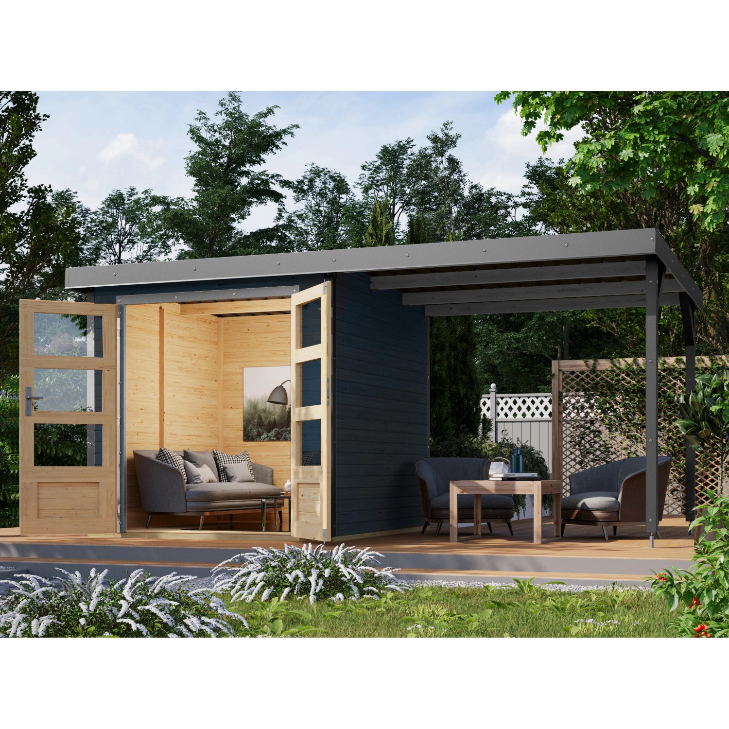 Karibu Gartenhaus/Gerätehaus Set Ernesto C Anthrazit-Staubgrau mit Anbaudach 4,45 m²