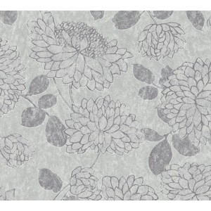 A.S. Création Vliestapete mit Blumenmuster in Hellgrau und Silber.