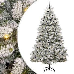 Künstlicher, weiß-grüner Weihnachtsbaum (270 cm) mit LED-Lichtern und schwarzen Kugeln.
