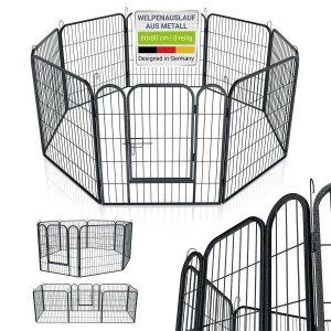 Schwarzer Juskys Welpenauslauf aus Metall, 8-teilig mit Tür, für Welpen und Kleintiere.