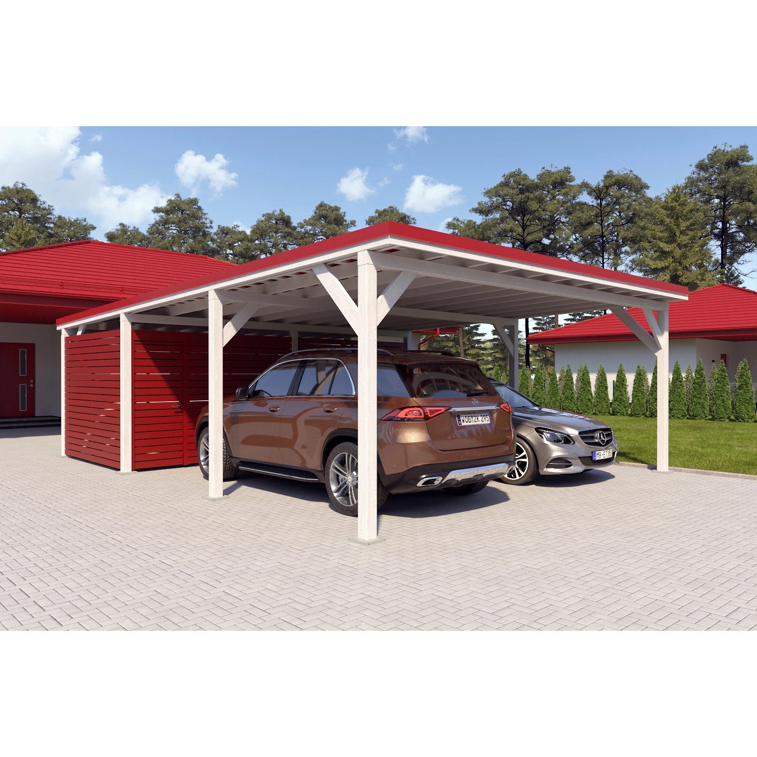Holzbrüder Carport Ralf 52m² mit Geräteraum Reinweiß-Rot günstig online kaufen