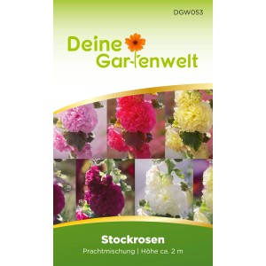 Samenpackung Deine Gartenwelt Stockrosen Prachtmischung mit Blüten in Rosa, Rot, Gelb, Weiß und Lila.