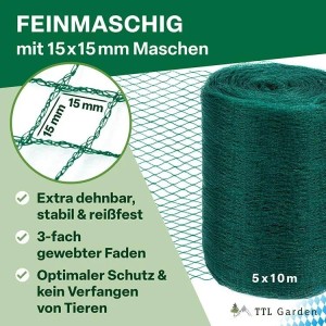 Grünes Gartenschutznetz 5x10m mit 15x15mm Maschen zum Schutz von Pflanzen und Teichen.