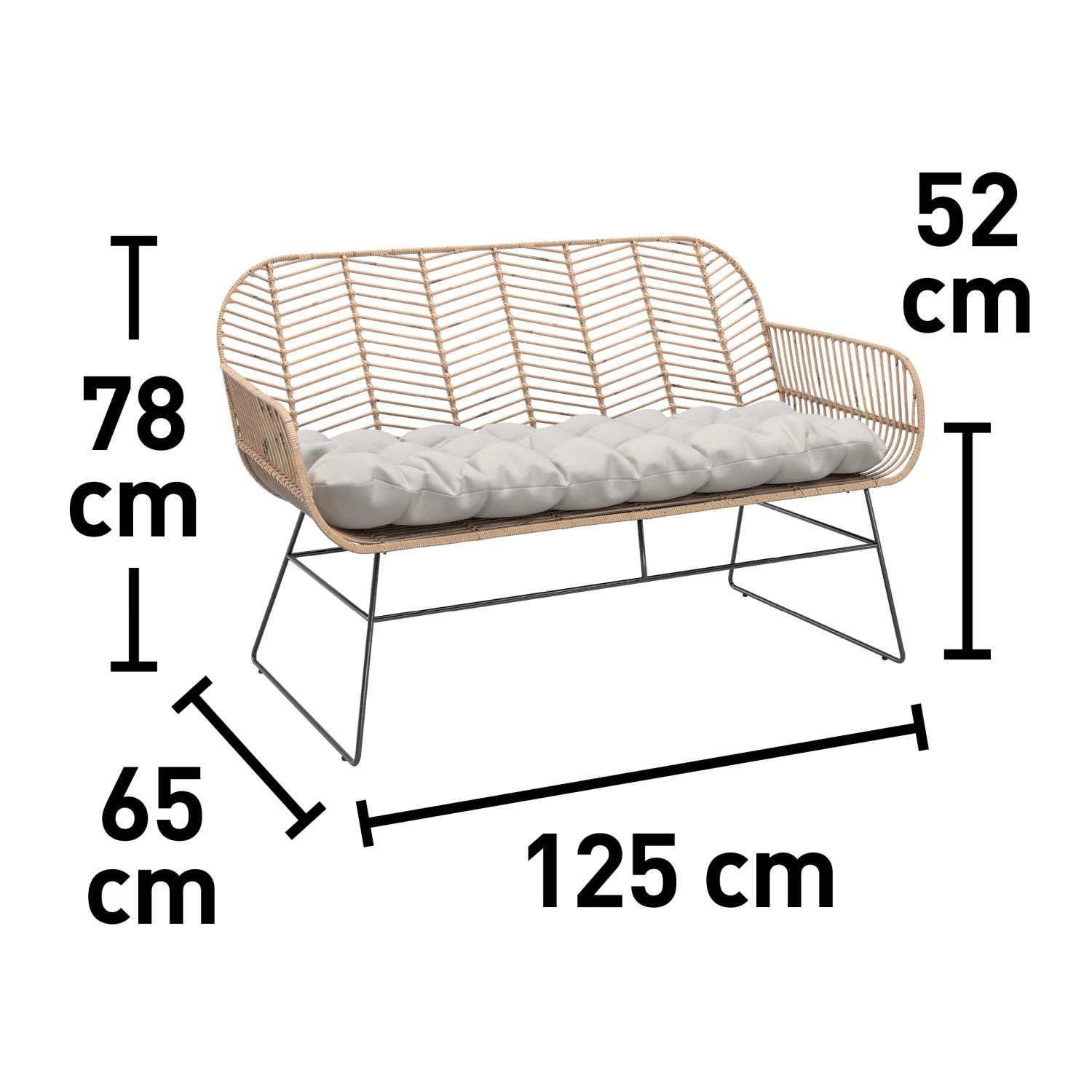 Lounge-Set Udima: Rattan-Sofa mit Kissen, Maße eingeblendet, für Garten und Terrasse.