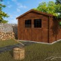 Braun lasiertes Gartenhaus Valodeal aus Holz mit Satteldach und Doppeltür im Garten.