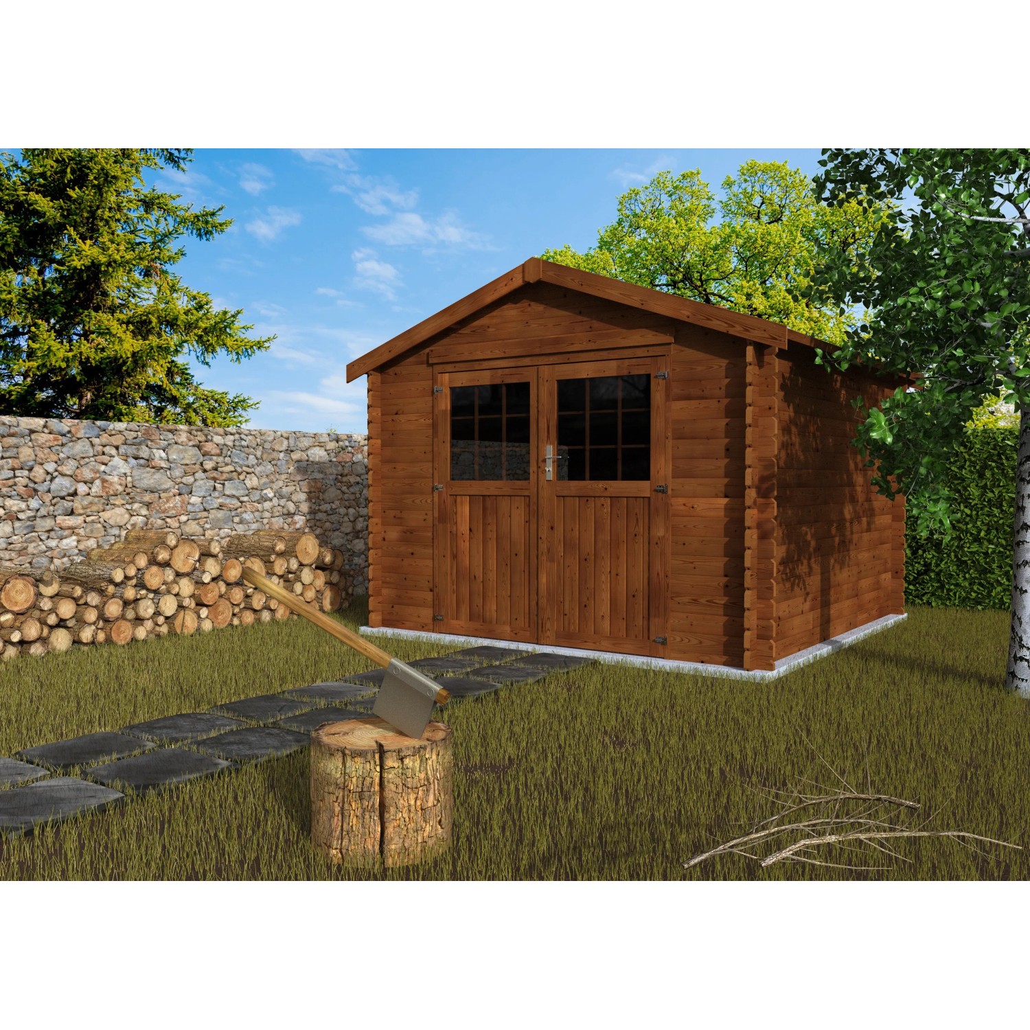 Braun lasiertes Gartenhaus Valodeal aus Holz mit Satteldach und Doppeltür im Garten.