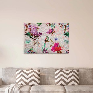 Modernes Wandbild mit Vögeln und Blumen im Grafikstil. Pinke Leinwand für Wohnzimmer und Schlafzimmer.