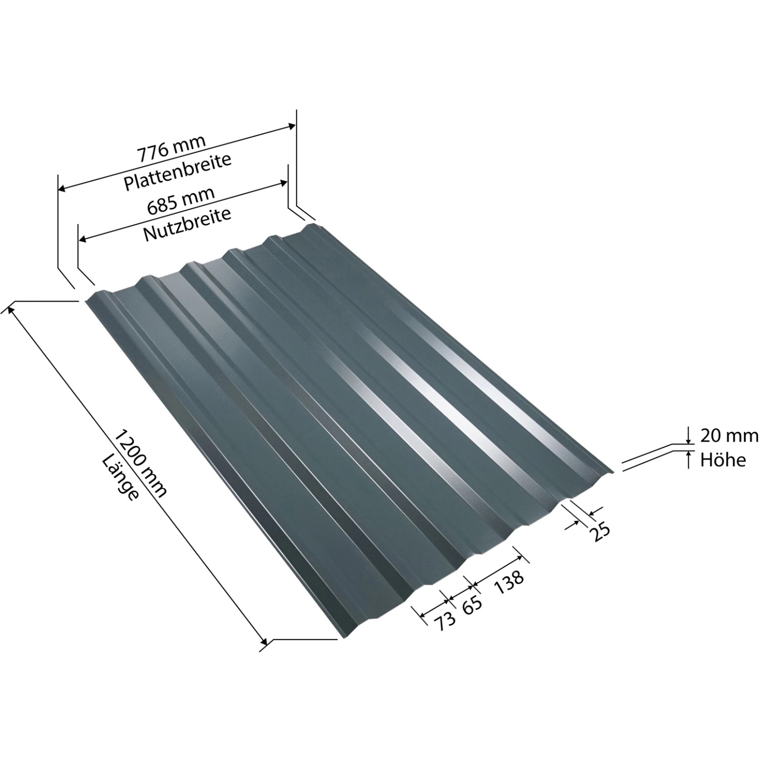 Weckman Trapezblech Stahl, 776x1200mm, 0,4mm stark, Anthrazit. Dachblech mit Maßangaben.