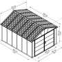 Graues Palram Canopia Gerätehaus Yukon 3.3 x 4 (13,1 m²) mit Maßangaben.